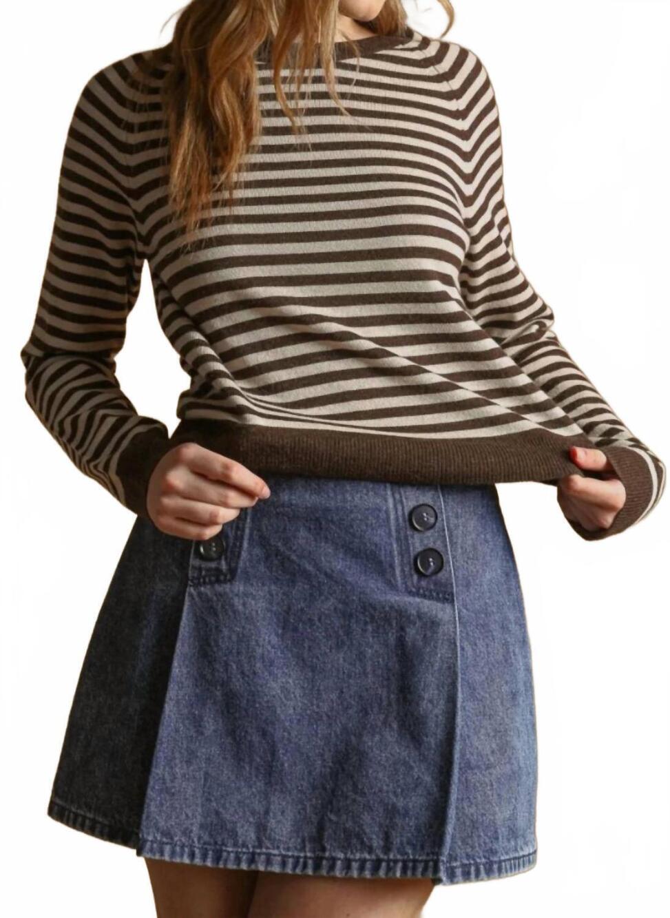 NEW MIOU MUSE striped round neck sweater top in mocha